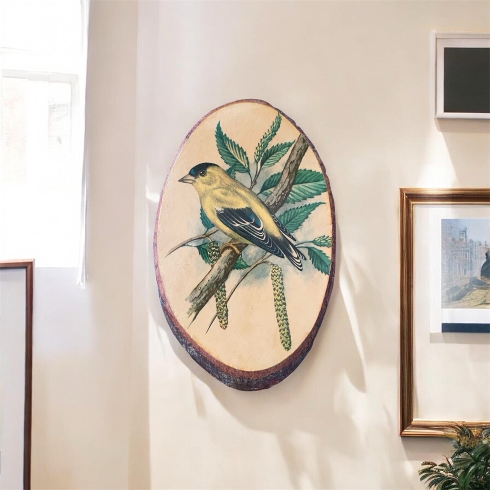 Vintage Wood Slice Art Goldfinch Bird